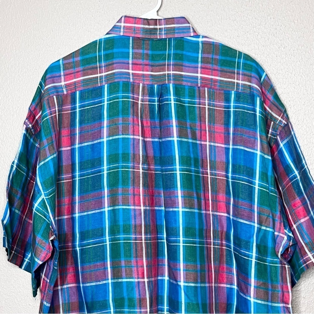 Tommy Hilfiger Mens L Multicolor Plaid Short Sleeve Button Up Shirt 100% Linen - Picture 9 of 9